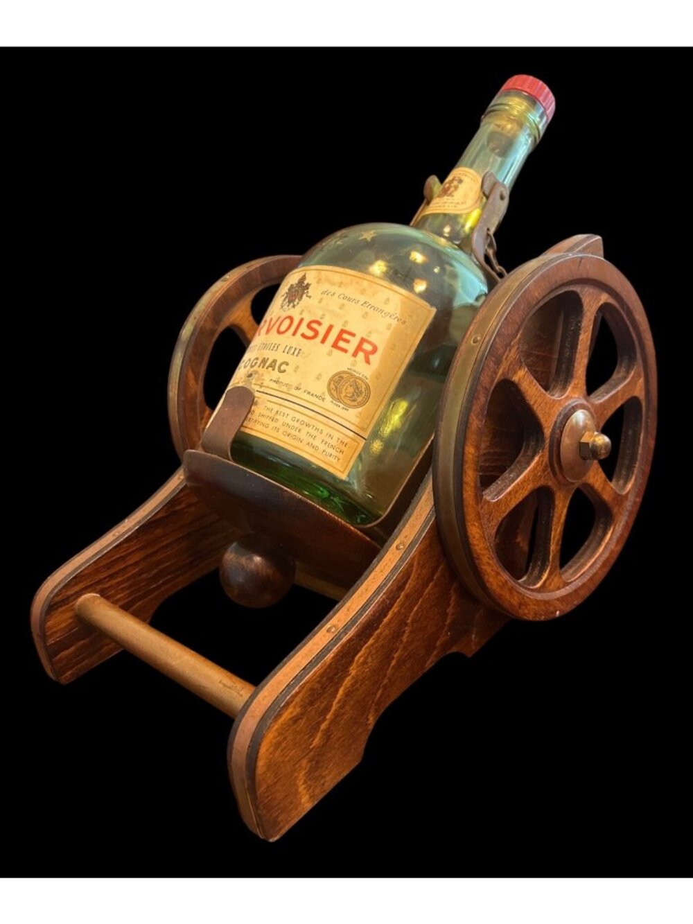 Vtg Courvoisier Cognac Empty Bottle Wooden Brass Cannon Barware Man Cave - Picture 2 of 9